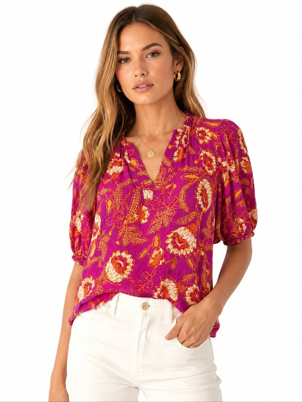 Rachel Zoe Floral Rayon Peasant Blouse Pink Orange Puff Sleeve Size Small